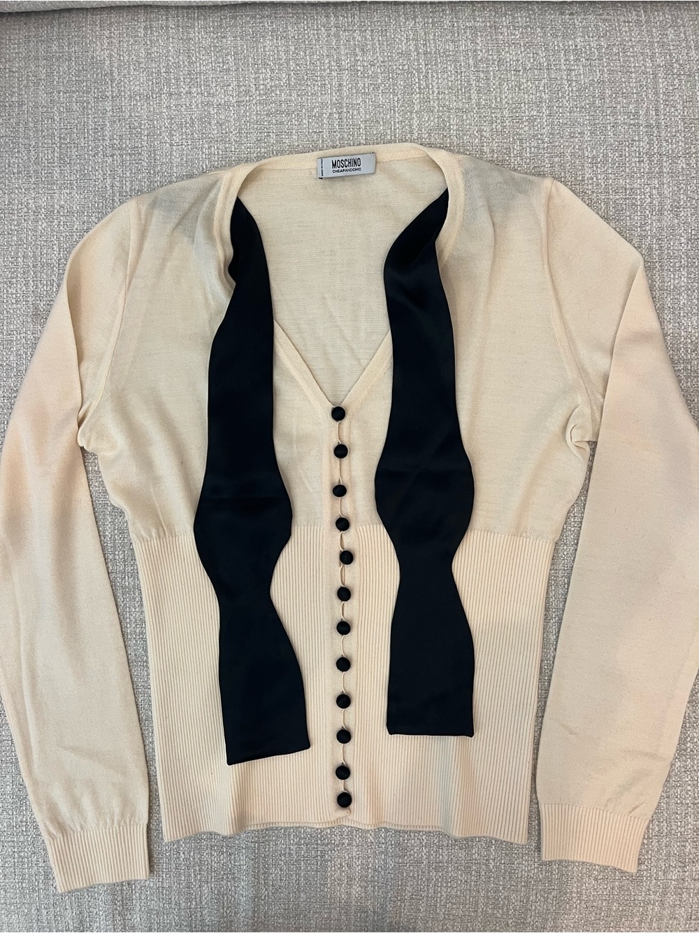 NWOT Moschino Cheap and Chic Cardigan Wool Silk Bow Tie Ivory Black Italy US 12